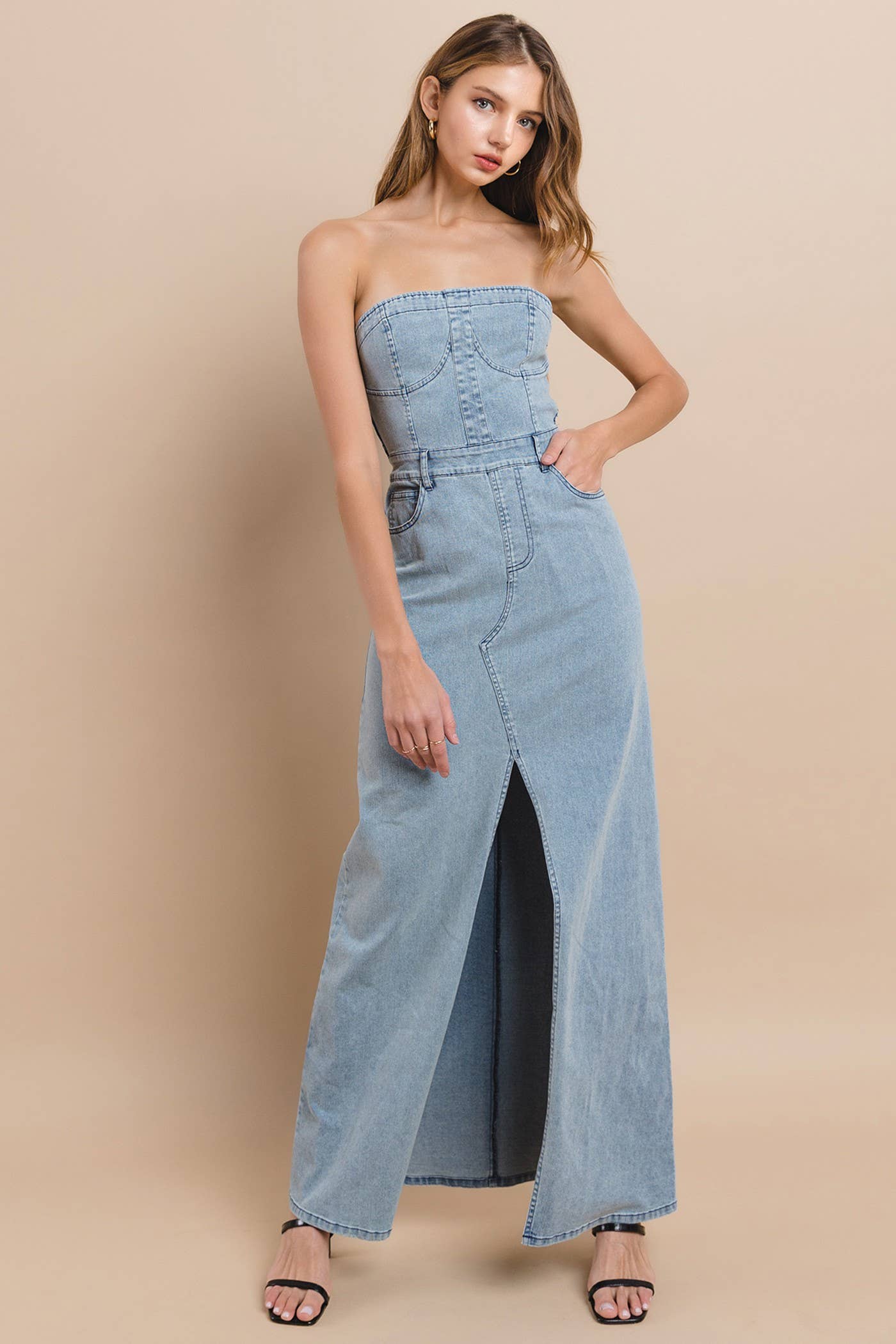 STRAPLESS DENIM MAXI DRESS 3135DIA DARK DEN
