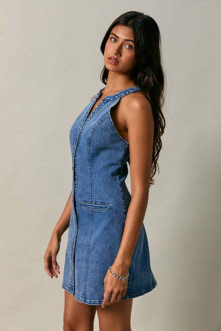 HALTER NECK BUTTON DOWN DENIM MINI DRESS: DENIM / XS