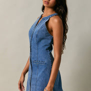 HALTER NECK BUTTON DOWN DENIM MINI DRESS: DENIM / L