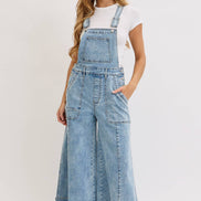 WIDE-LEG DENIM OVERALL JUMPSUIT: DENIM BLUE / Contemporary / S