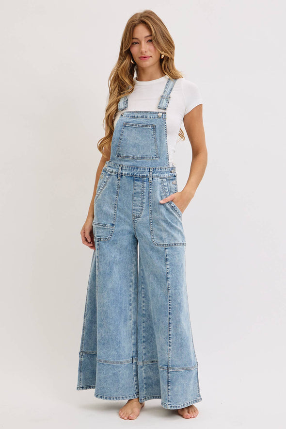 WIDE-LEG DENIM OVERALL JUMPSUIT: DENIM BLUE / Contemporary / S