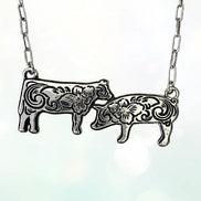 WESTERN ETCHED COW AND PIG PENDANT NECKLACE