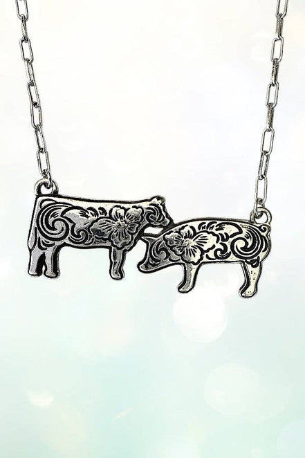 WESTERN ETCHED COW AND PIG PENDANT NECKLACE