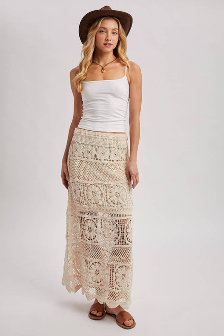 SHEER CROCHET KNIT MIDI SKIRT WITH LINING: NATURAL / M