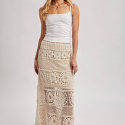 SHEER CROCHET KNIT MIDI SKIRT WITH LINING: NATURAL / S
