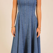Strapless Stretch Denim Midi Dress: Mocha / L