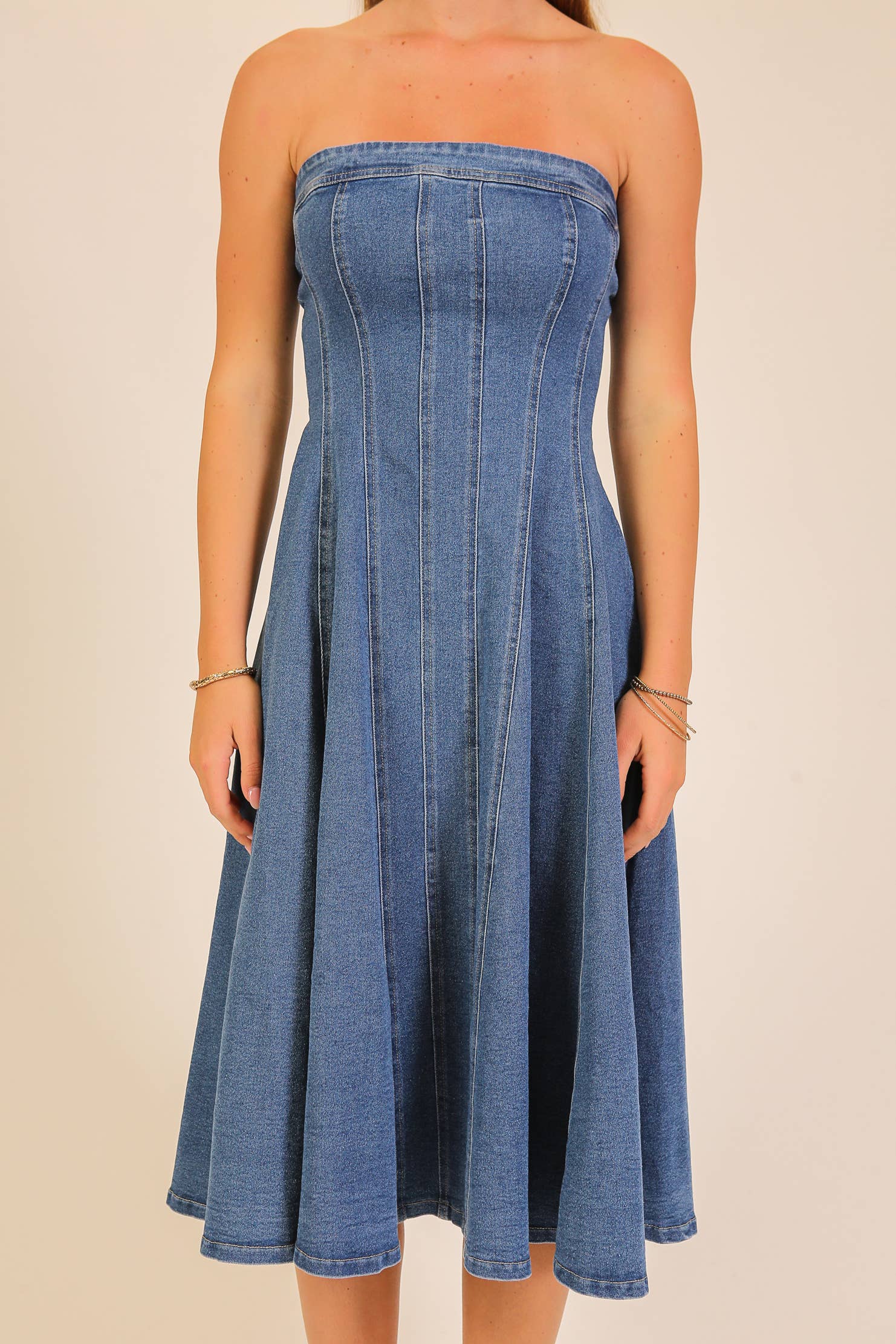 Strapless Stretch Denim Midi Dress: Medium Denim / M