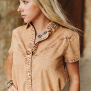 Camel Stretch Denim Pearl Cowgirl and Bow Embroidered Shirt