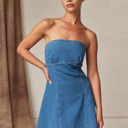PD19530 Strapless Denim Tie Back Mini Dress
