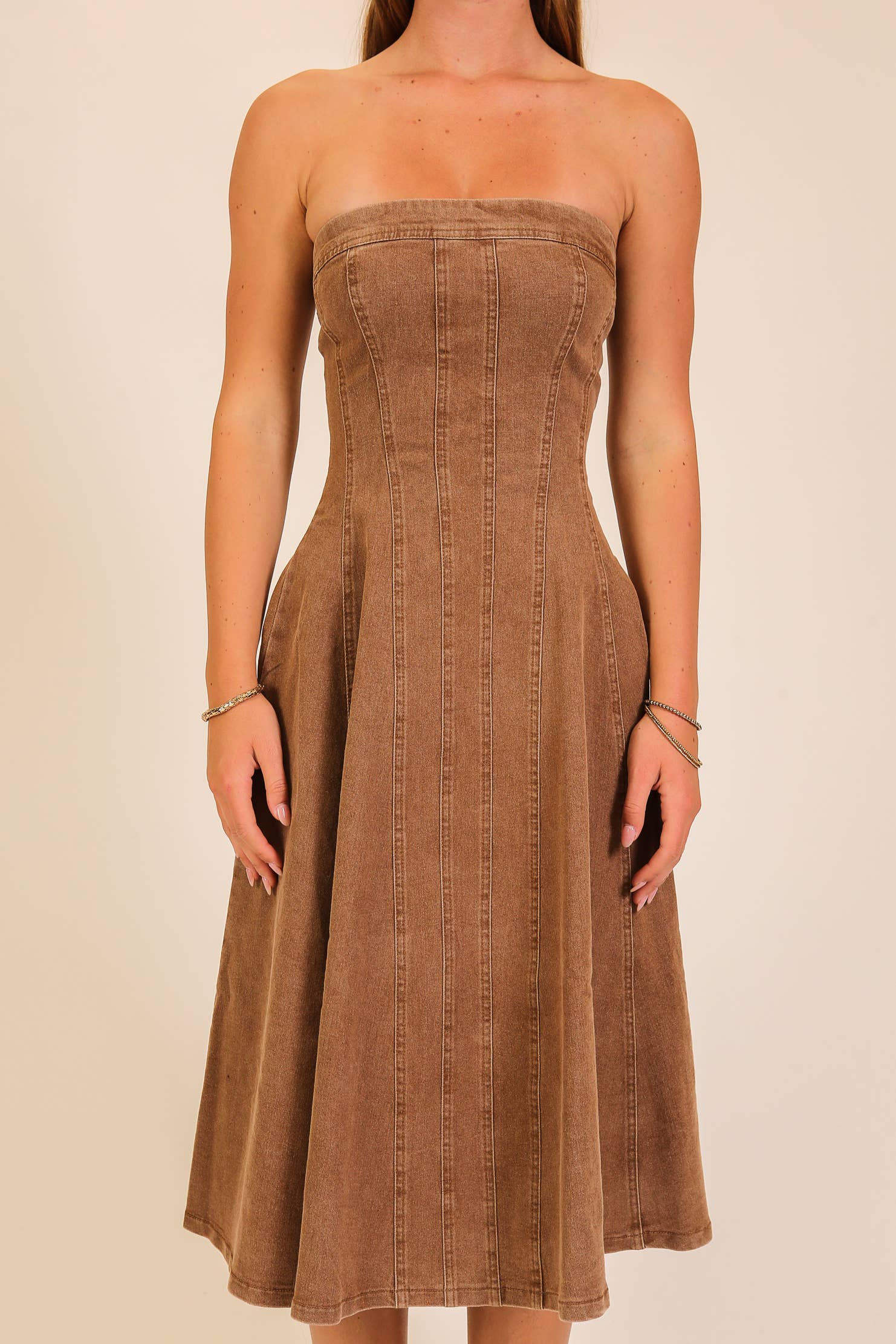 Strapless Stretch Denim Midi Dress: Medium Denim / L