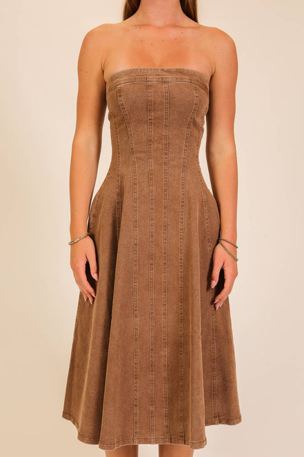 Strapless Stretch Denim Midi Dress: Mocha / L