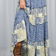Patchwork Floral Print Bohemian-Inspired Maxi Skirt VS83203: Blue / S