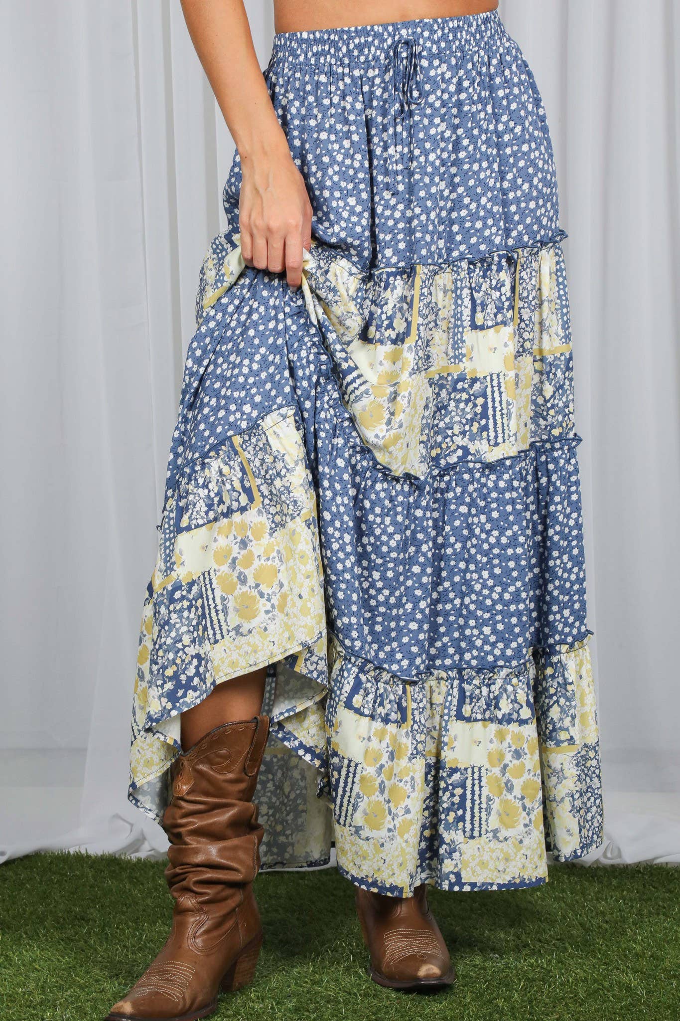 Patchwork Floral Print Bohemian-Inspired Maxi Skirt VS83203: Blue / L