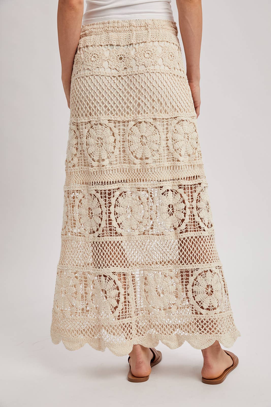 SHEER CROCHET KNIT MIDI SKIRT WITH LINING: NATURAL / S