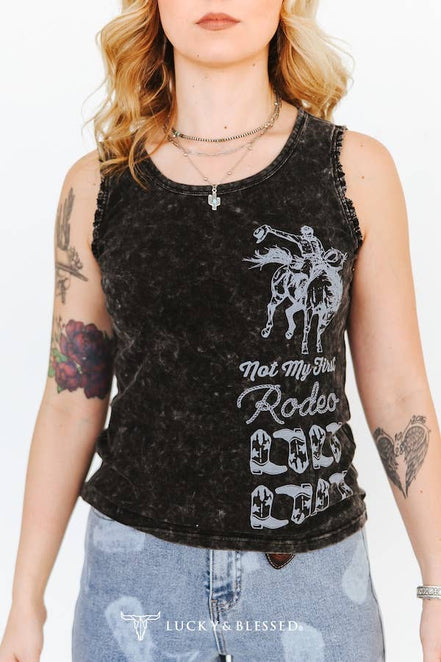 Black Mineral Wash Rodeo Printed Trim Detail Tank Top