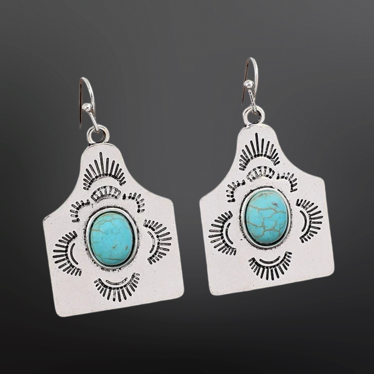 Cow Tag Faux Turquoise Silver Western Earrings