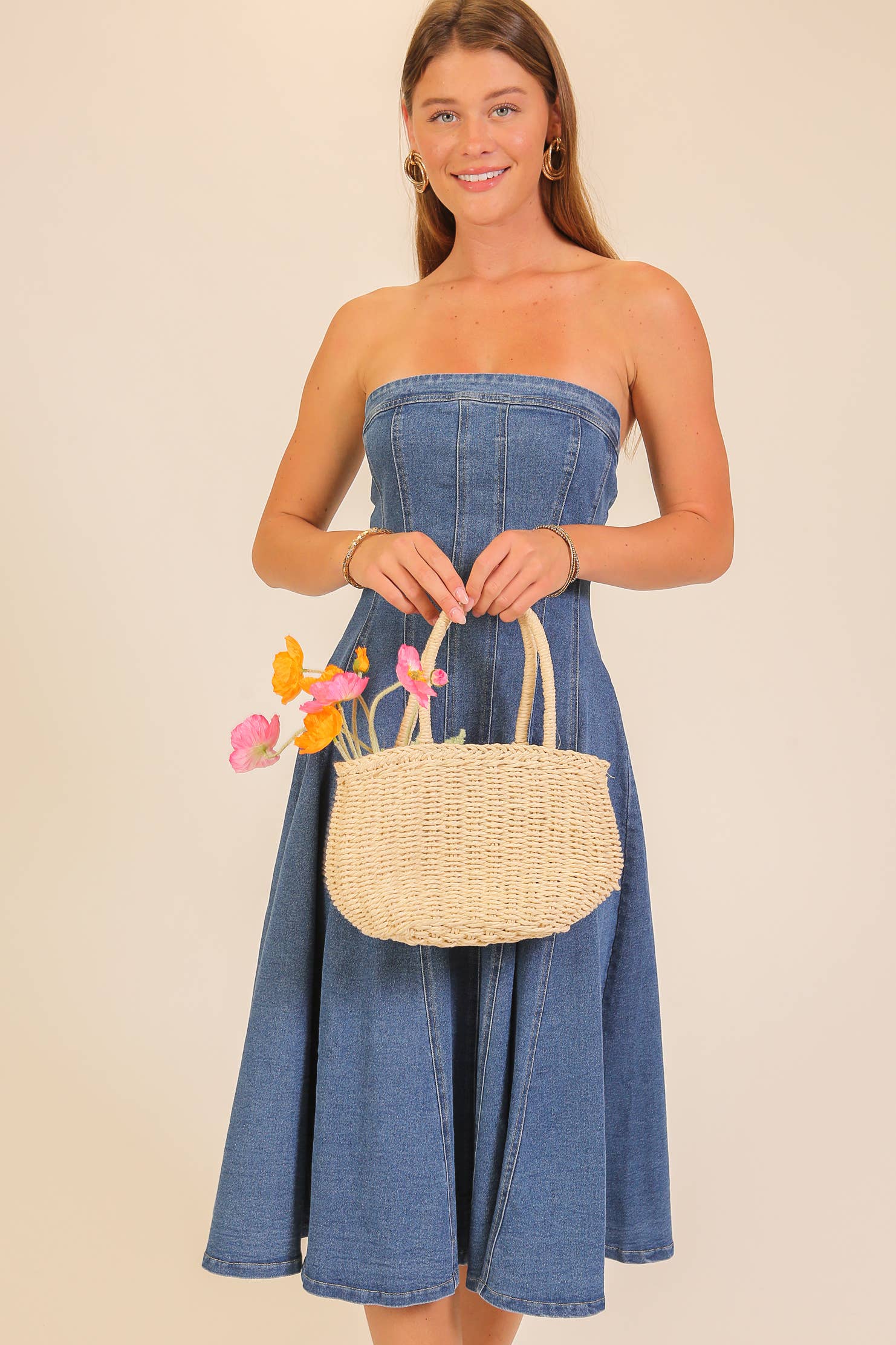 Strapless Stretch Denim Midi Dress: Mocha / L