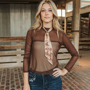 Brown Mesh Ruched Mock Neck Long Sleeve Top