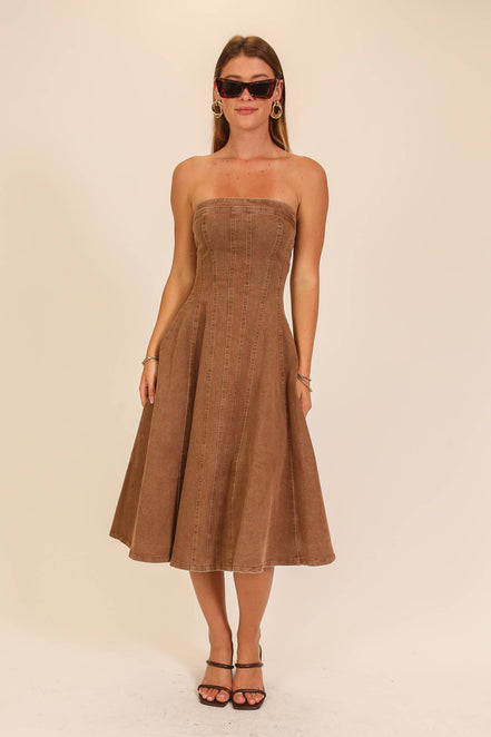 Strapless Stretch Denim Midi Dress: Mocha / L