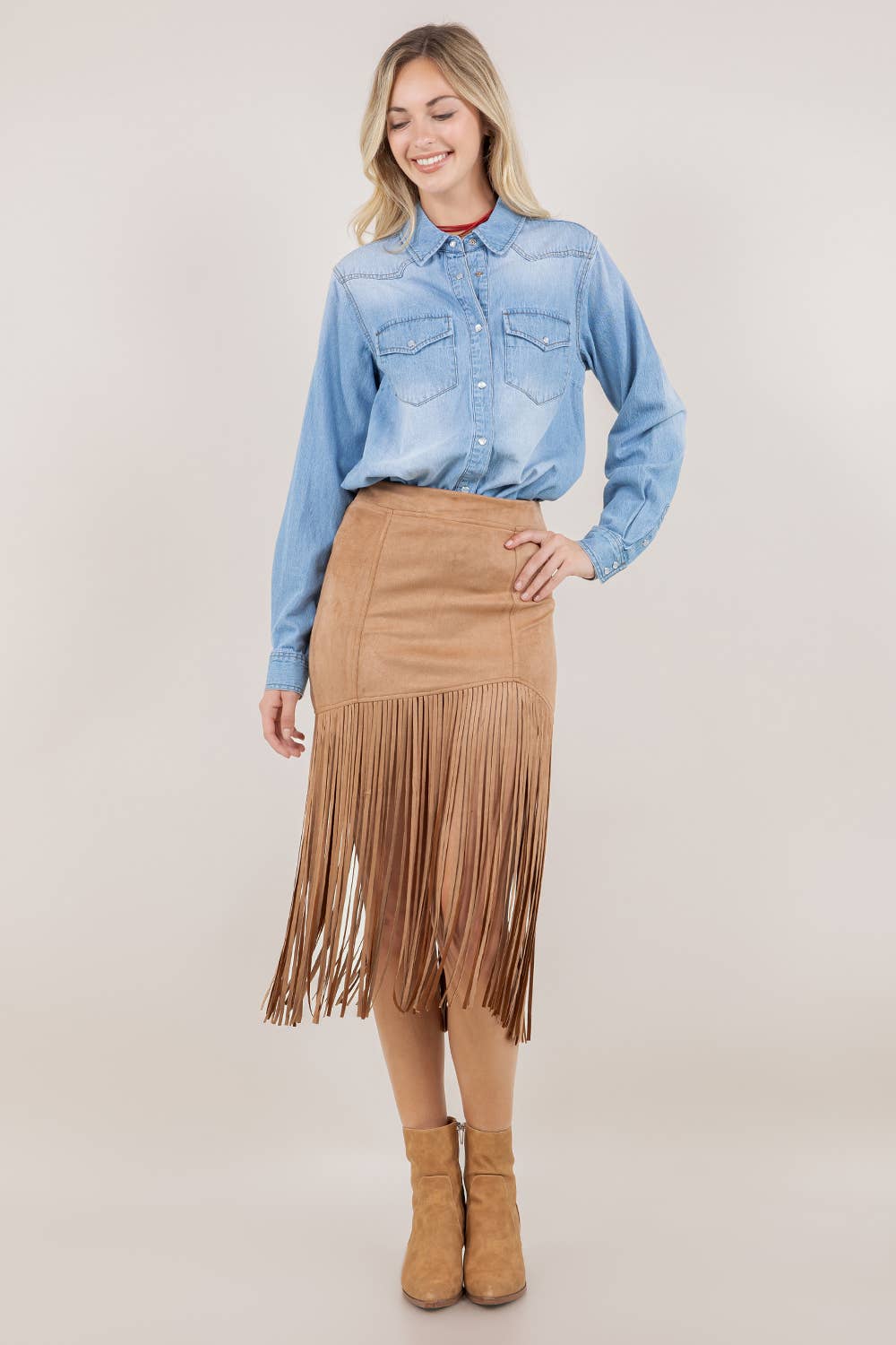 SIS1231A TAN FRINGED FAUX SUEDE SKIRT