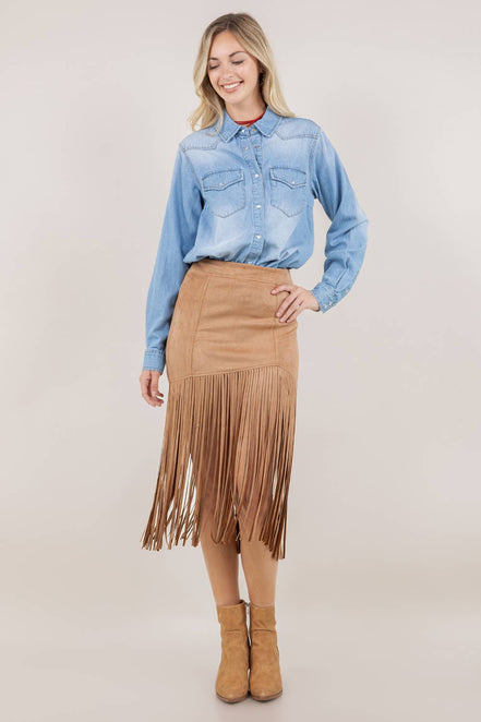 SIS1231A TAN FRINGED FAUX SUEDE SKIRT