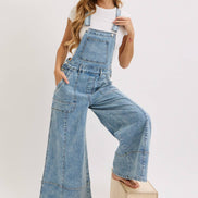 WIDE-LEG DENIM OVERALL JUMPSUIT: DENIM BLUE / Contemporary / L