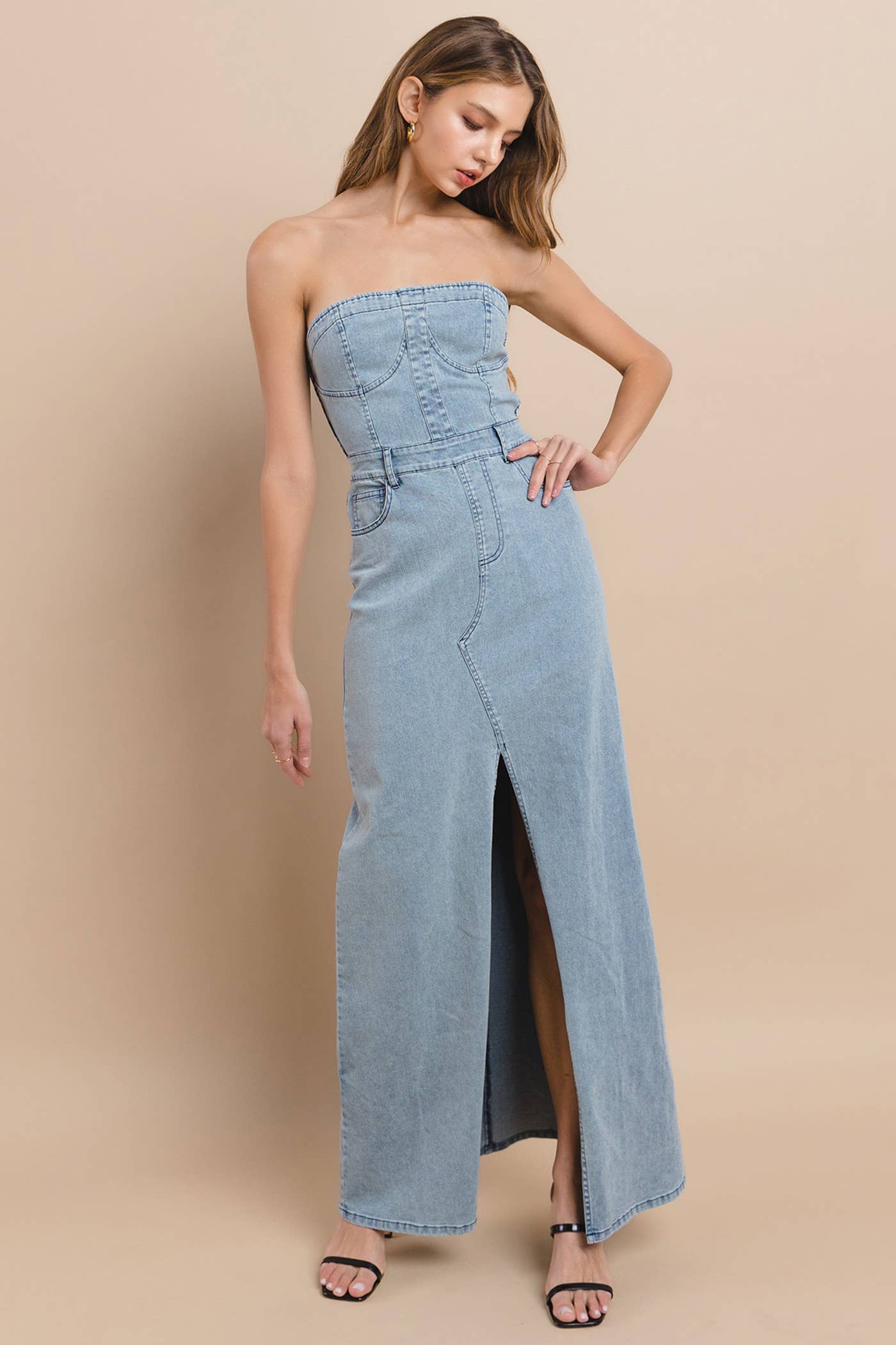 STRAPLESS DENIM MAXI DRESS 3135DIA DARK DEN