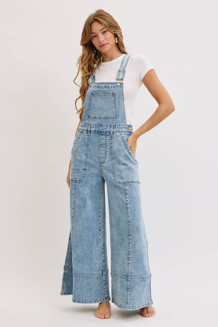 WIDE-LEG DENIM OVERALL JUMPSUIT: DENIM BLUE / Contemporary / S