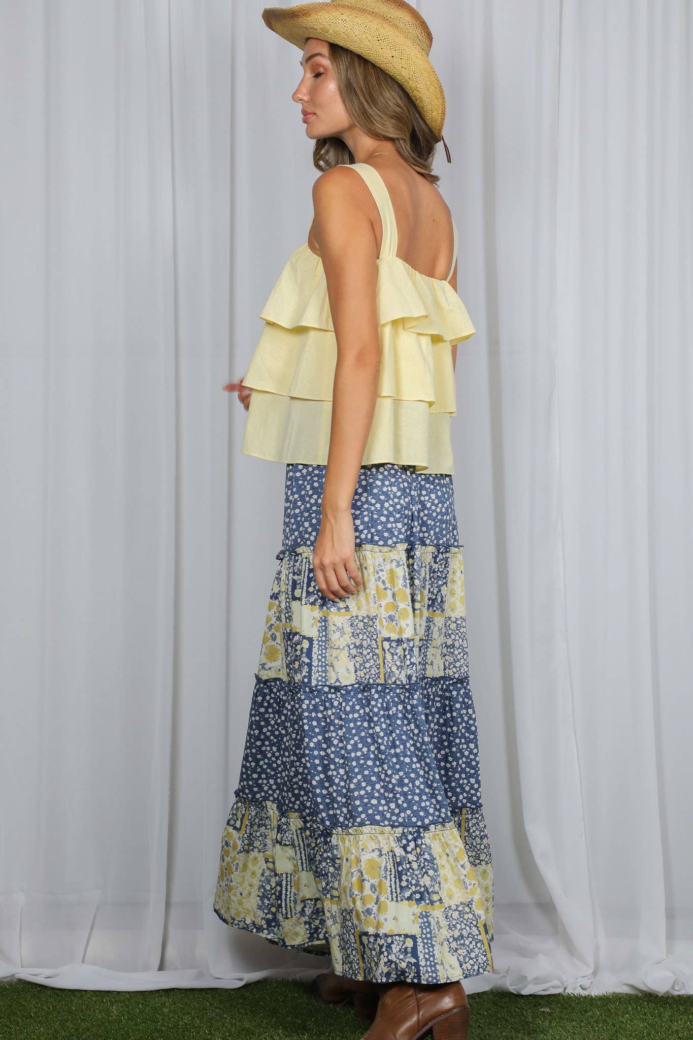 Patchwork Floral Print Bohemian-Inspired Maxi Skirt VS83203: Blue / L