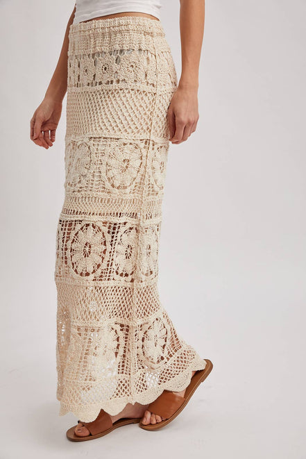 SHEER CROCHET KNIT MIDI SKIRT WITH LINING: NATURAL / M