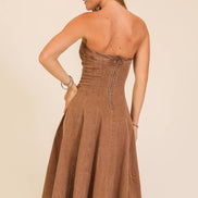 Strapless Stretch Denim Midi Dress: Mocha / M