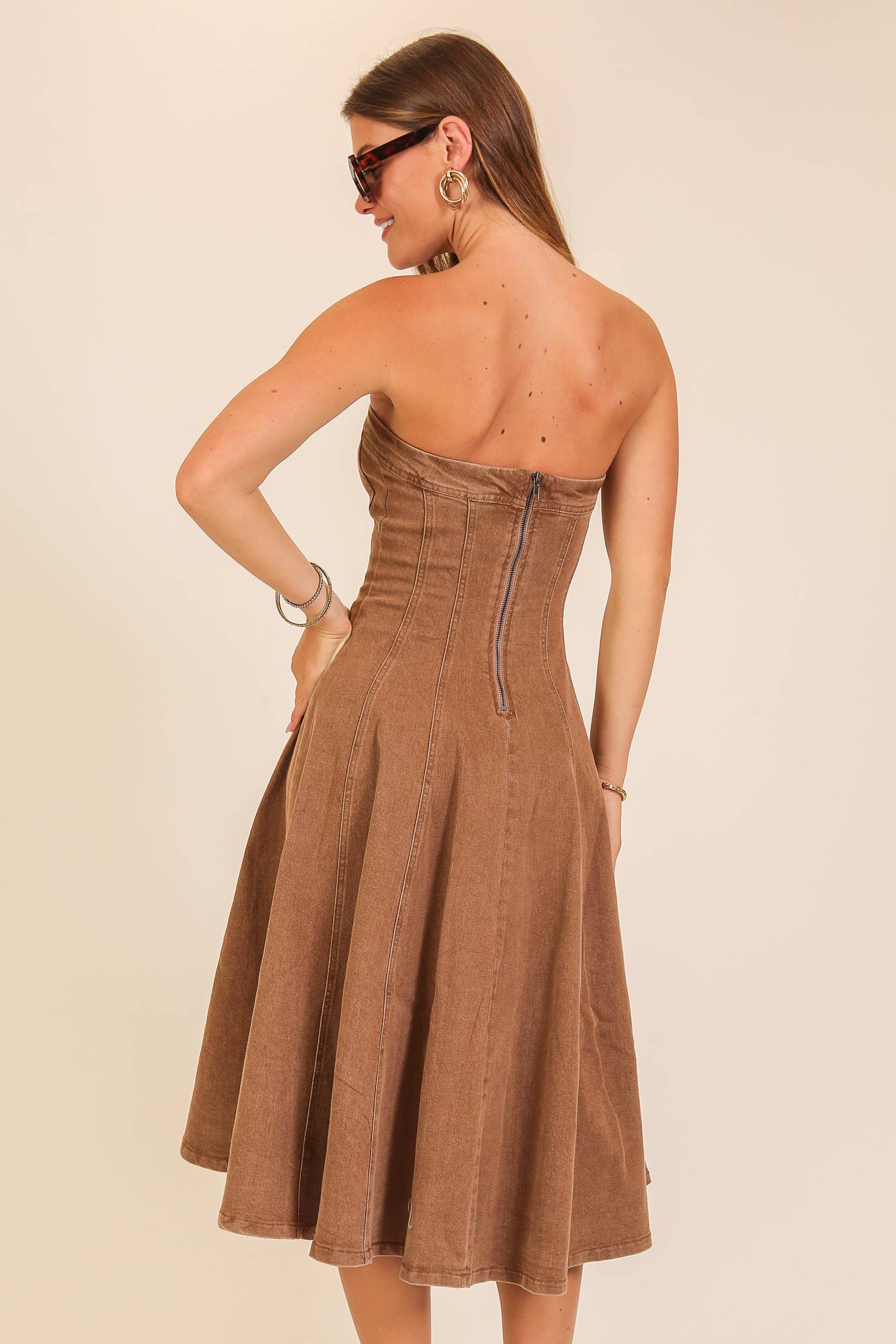 Strapless Stretch Denim Midi Dress: Medium Denim / M