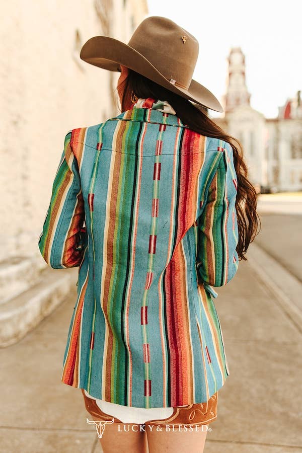 Jacquard Woven Jade Serape Button Down Blazer: M