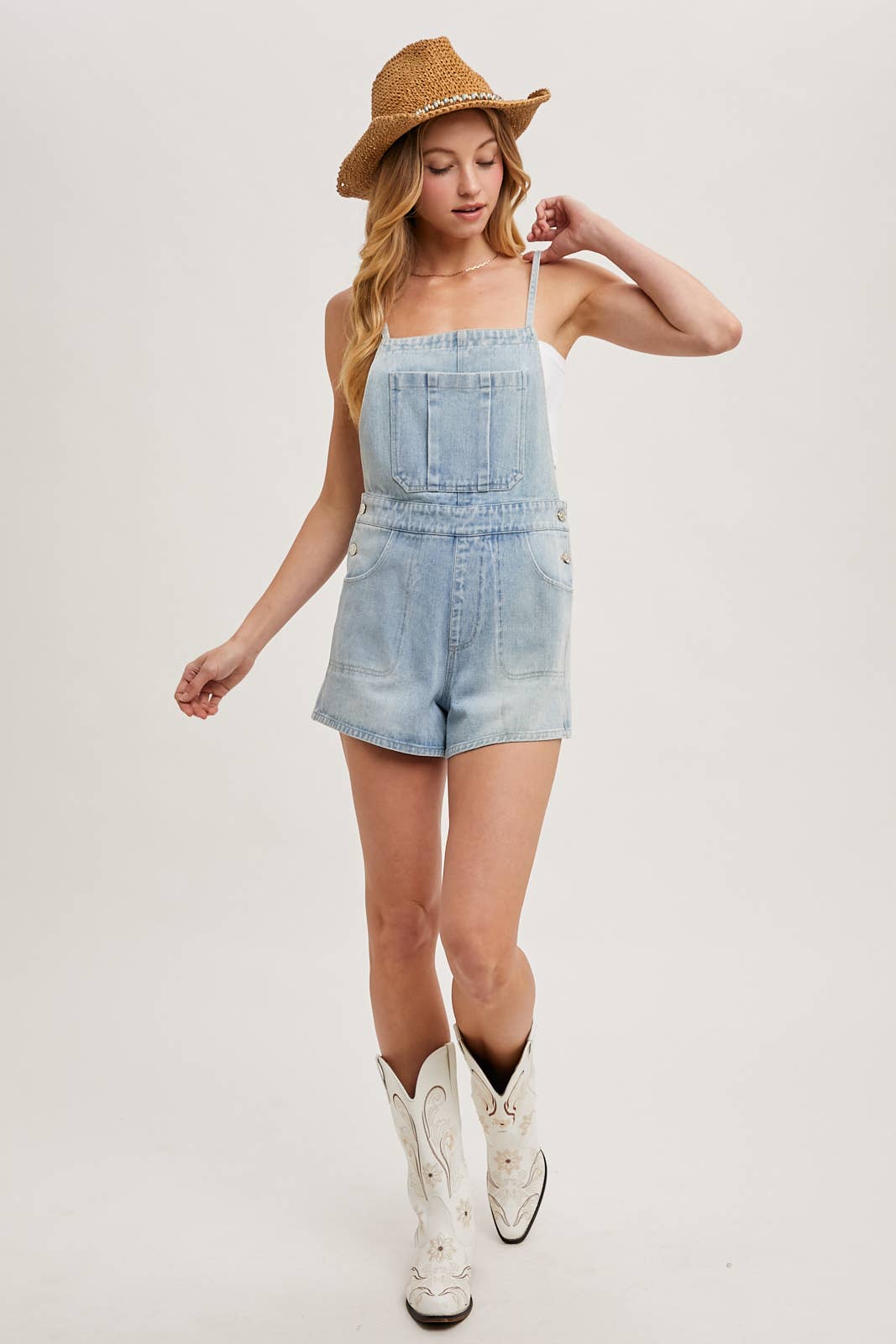 BOW-TIE DENIM OVERALL SHORTS: MED.WASH / L