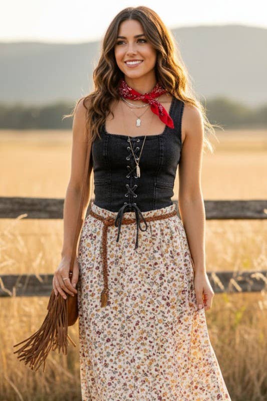 Lace-Up Corset Stretch Denim Top 2: Light Denim / S