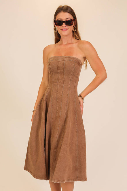 Strapless Stretch Denim Midi Dress: Medium Denim / M