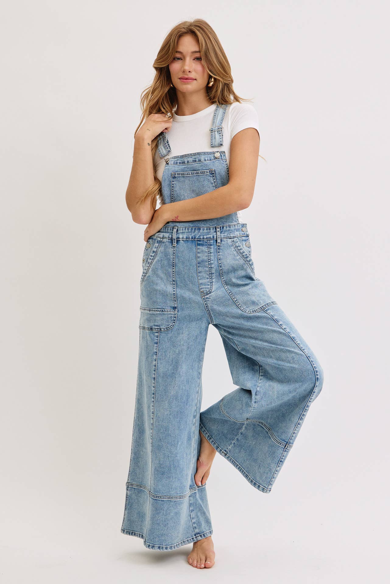 WIDE-LEG DENIM OVERALL JUMPSUIT: DENIM BLUE / Contemporary / L