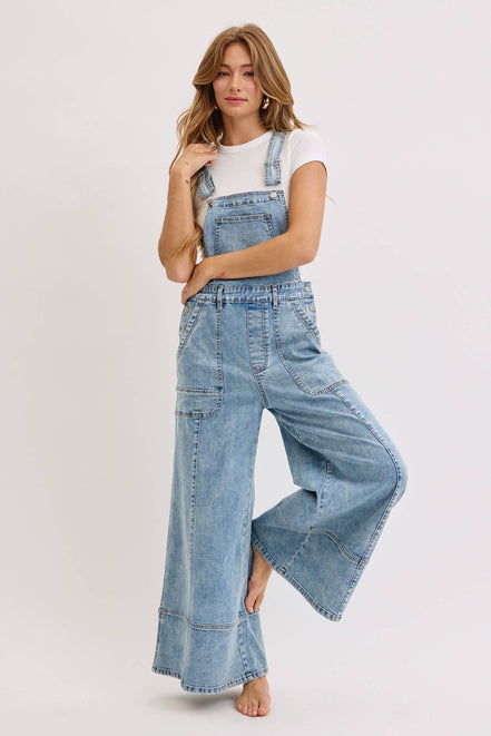 WIDE-LEG DENIM OVERALL JUMPSUIT: DENIM BLUE / Contemporary / S