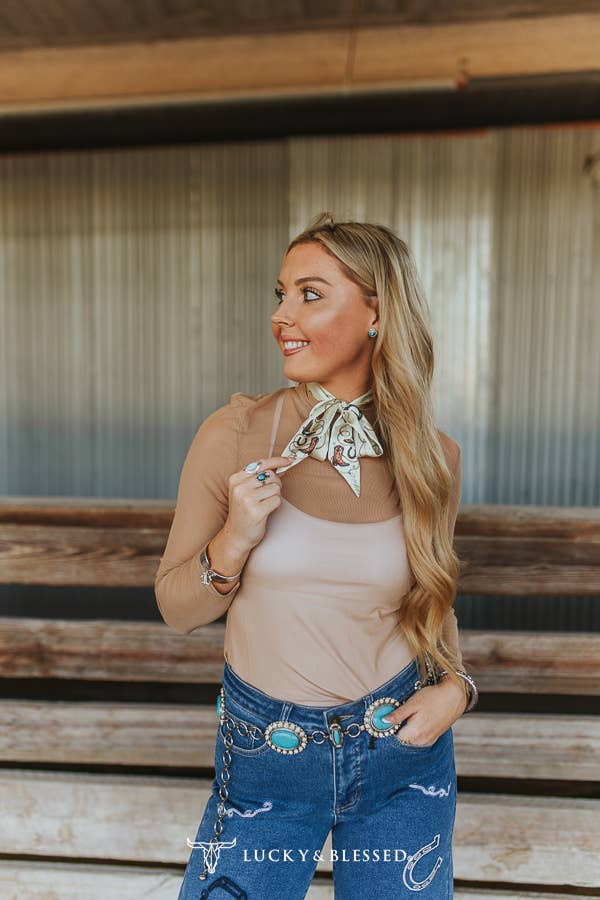 Taupe Mesh Ruched Mock Neck Long Sleeve Top