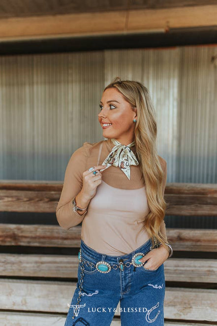 Taupe Mesh Ruched Mock Neck Long Sleeve Top