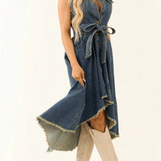 Retro Western Sleeveless Irregular Raw Hem Denim Dress