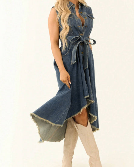 Retro Western Sleeveless Irregular Raw Hem Denim Dress