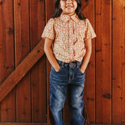 Girls Stone Mid Wash Camel Side Fringe High Rise Flare Jeans