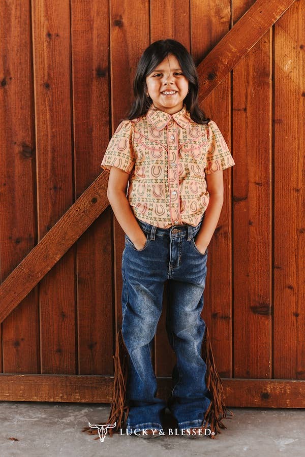 Girls Stone Mid Wash Camel Side Fringe High Rise Flare Jeans