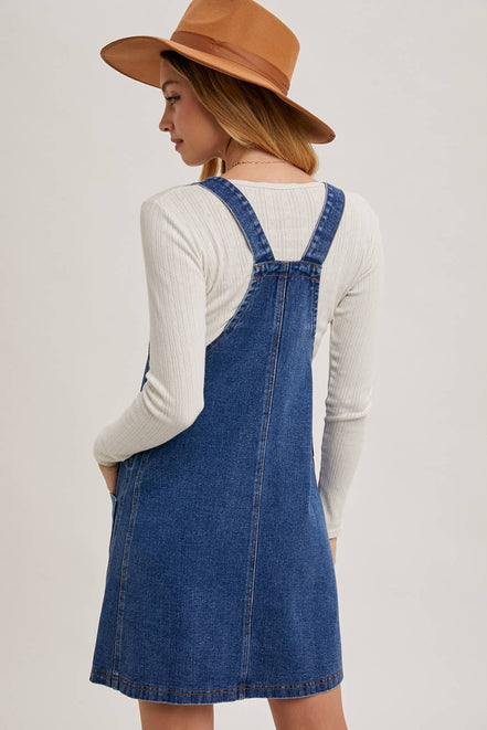 DENIM OVERALL MINI DRESS WITH POCKETS: MED.WASH / L