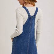 DENIM OVERALL MINI DRESS WITH POCKETS: MED.WASH / M