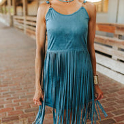 Teal Western Fringe Sleeveless Mini Dress