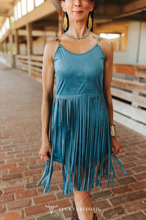 Teal Western Fringe Sleeveless Mini Dress