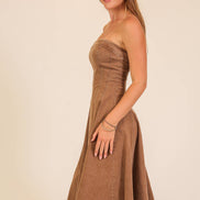 Strapless Stretch Denim Midi Dress: Mocha / M