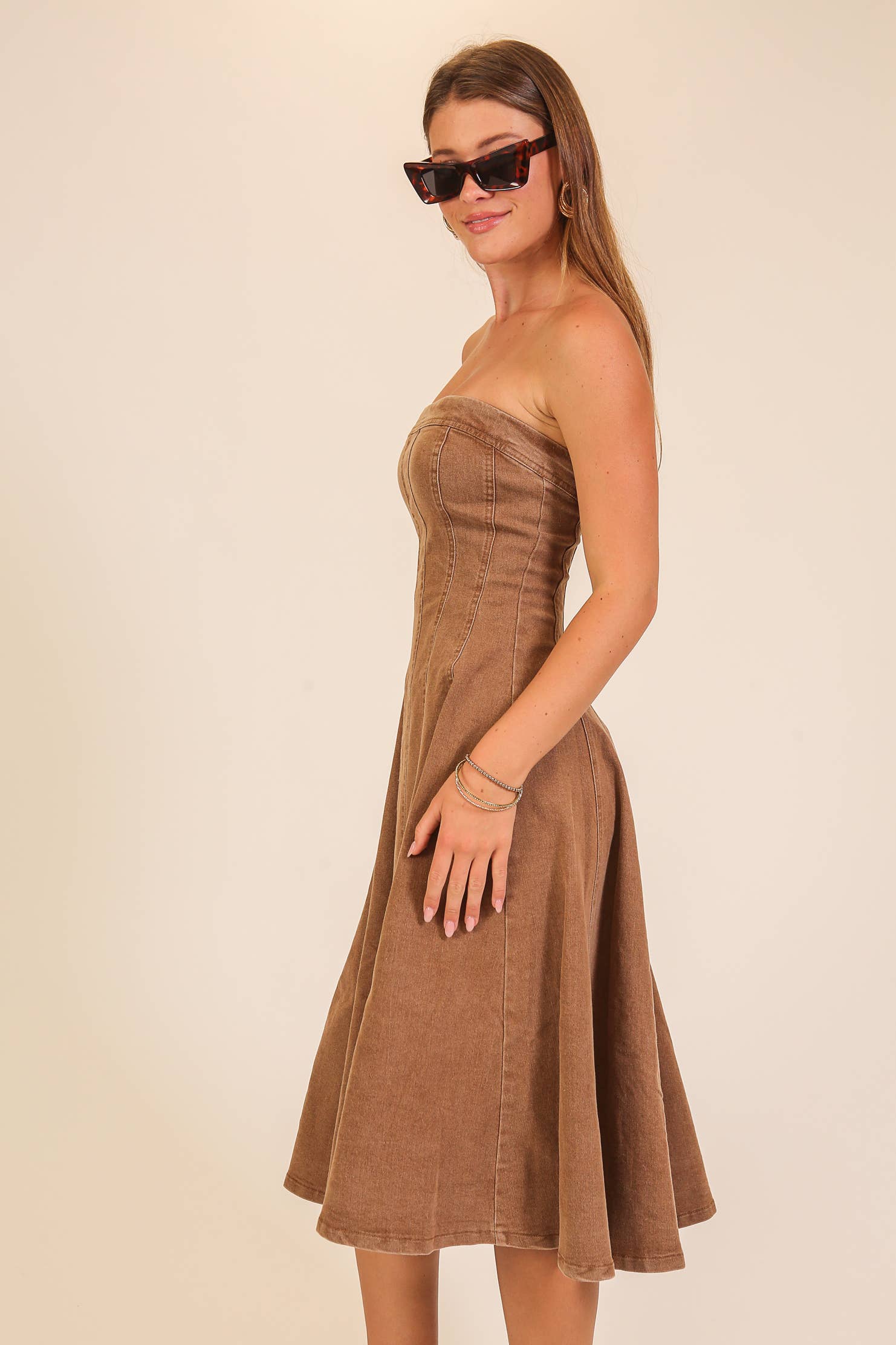 Strapless Stretch Denim Midi Dress: Mocha / L